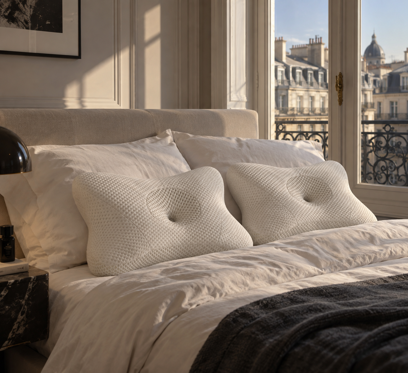 Two HAUSMANN SLEEP ergonomic pillows on a bed in warm morning light